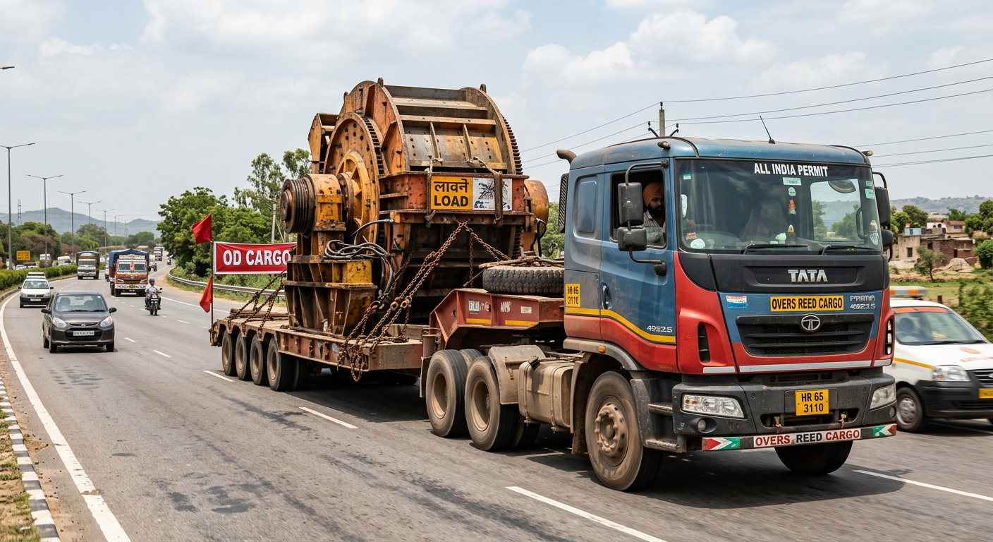 Low-bed trailer carrying heavy industrial machinery
