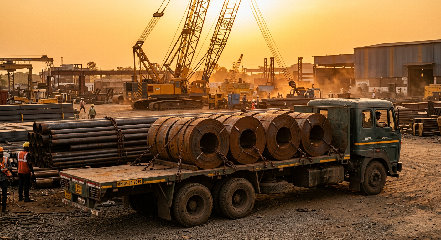 Steel coils chained on a flatbed trailer