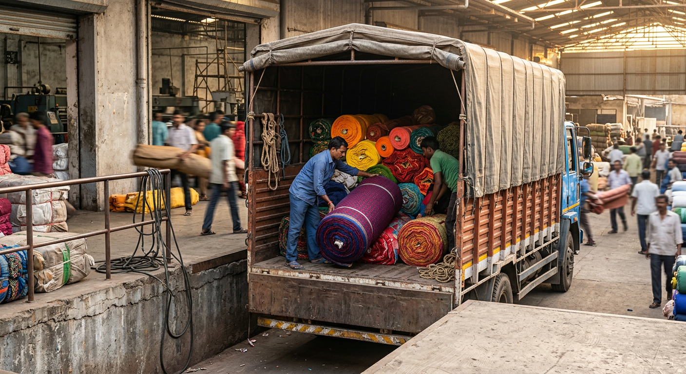 Fabric rolls being loaded into a cargo truck